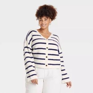 A New Day Striped Furry V-Neck Sweater - White and Navy